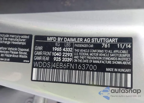 2015 Mercedes-Benz Cla 250 z USA, uszkodzony, nr VIN WDDSJ4EB6FN163700